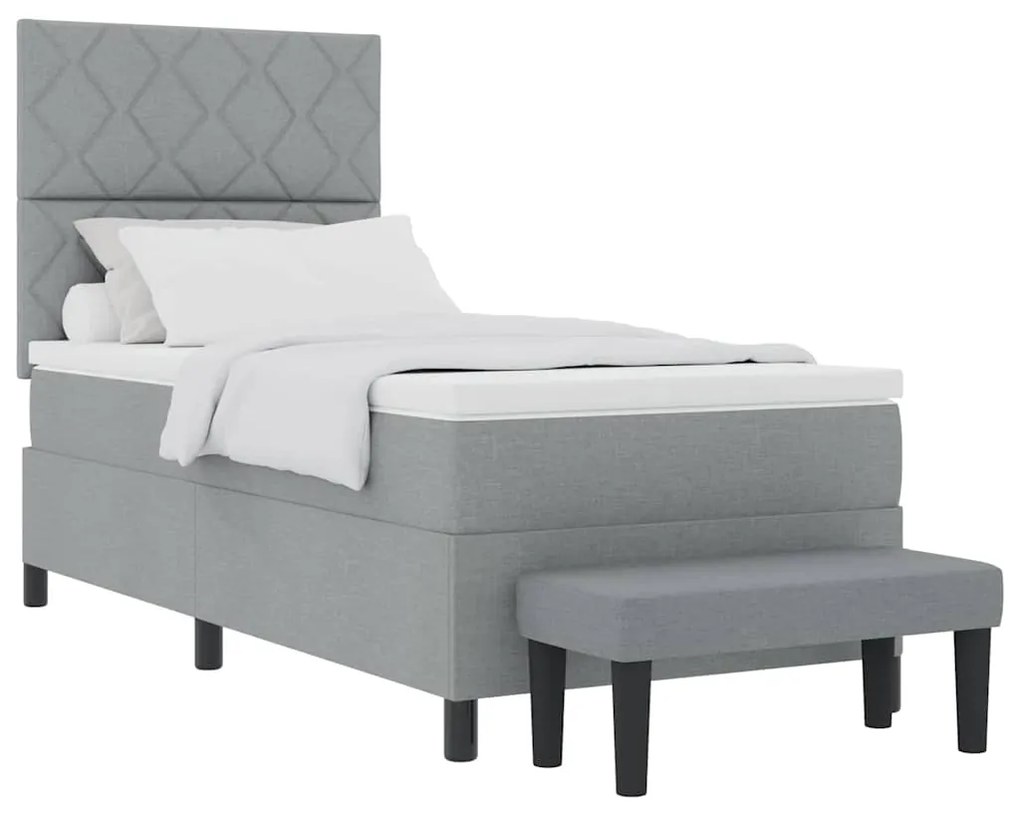 Cama Box Spring com Colchão & Banco Cinza Claro 90x190 cm Tecido