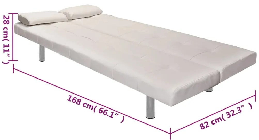 Sofá-cama ajustável c/ 2 almofadas couro artificial branco nata