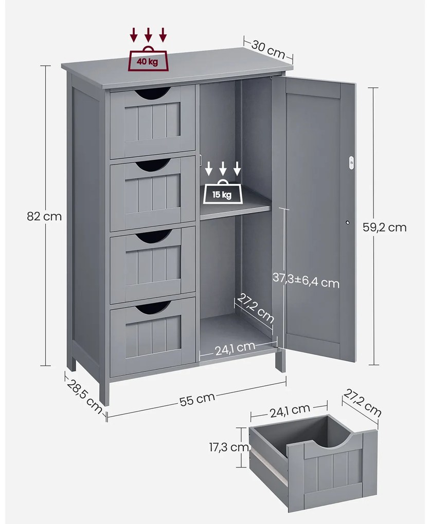 Armário de casa de banho com 4 gavetas 30 x 55 x 82 cm Cinzento místico