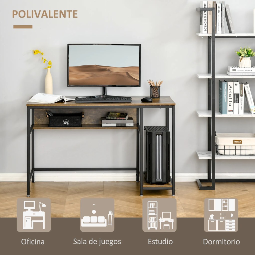 HOMCOM Secretária Estilo Industrial com Prateleiras Estrutura de Metal e Madeira para Estúdio Casa Escritório 120x60x75cm Marrom Rústico