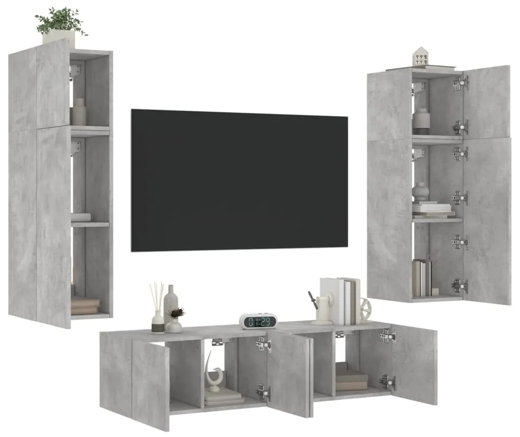 vidaXL 6 pcs móveis parede p/ TV c/ LEDs deriv. madeira cinza cimento