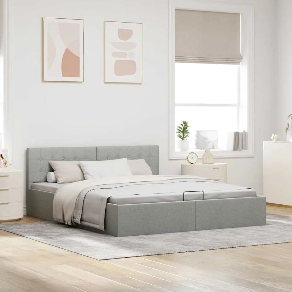 Cama Hidráulica Karen com Arrumação - 160x200cm - Em Tecido Cinza-Clar