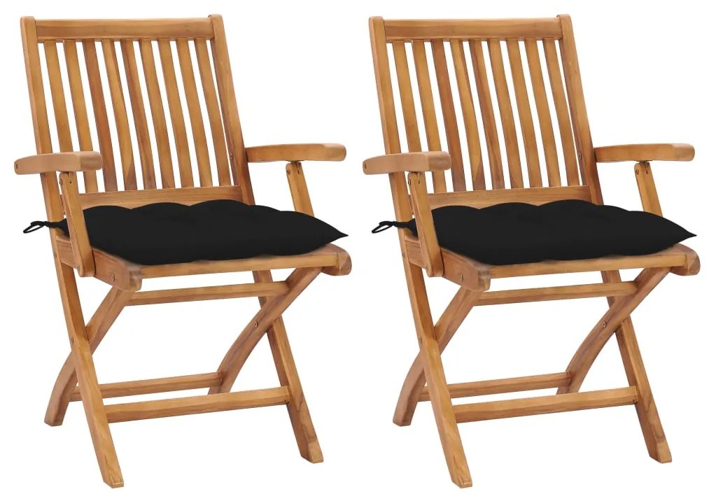 vidaXL Cadeiras de jardim c/ almofadões preto 2 pcs teca maciça