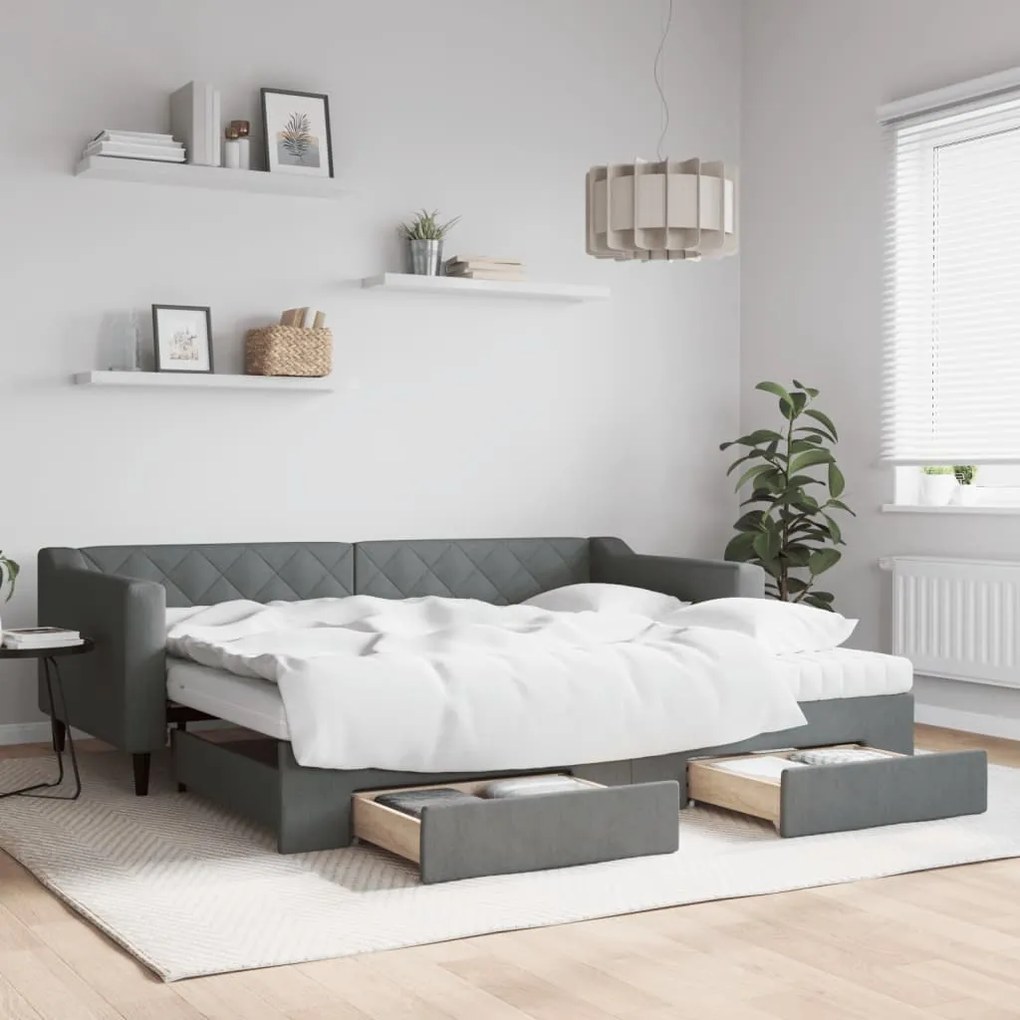 Sofá-cama c/ gavetão e gavetas 90x200 cm tecido cinzento-escuro