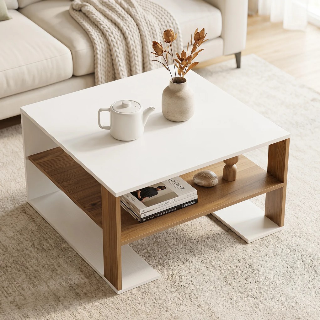 Mesa de Centro, 75 x 75 x 40 cm, Estante Inferior Espaçosa, Natural e Branco
