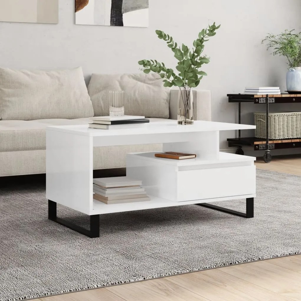 vidaXL Mesa centro 90x49x45 cm derivados de madeira branco brilhante