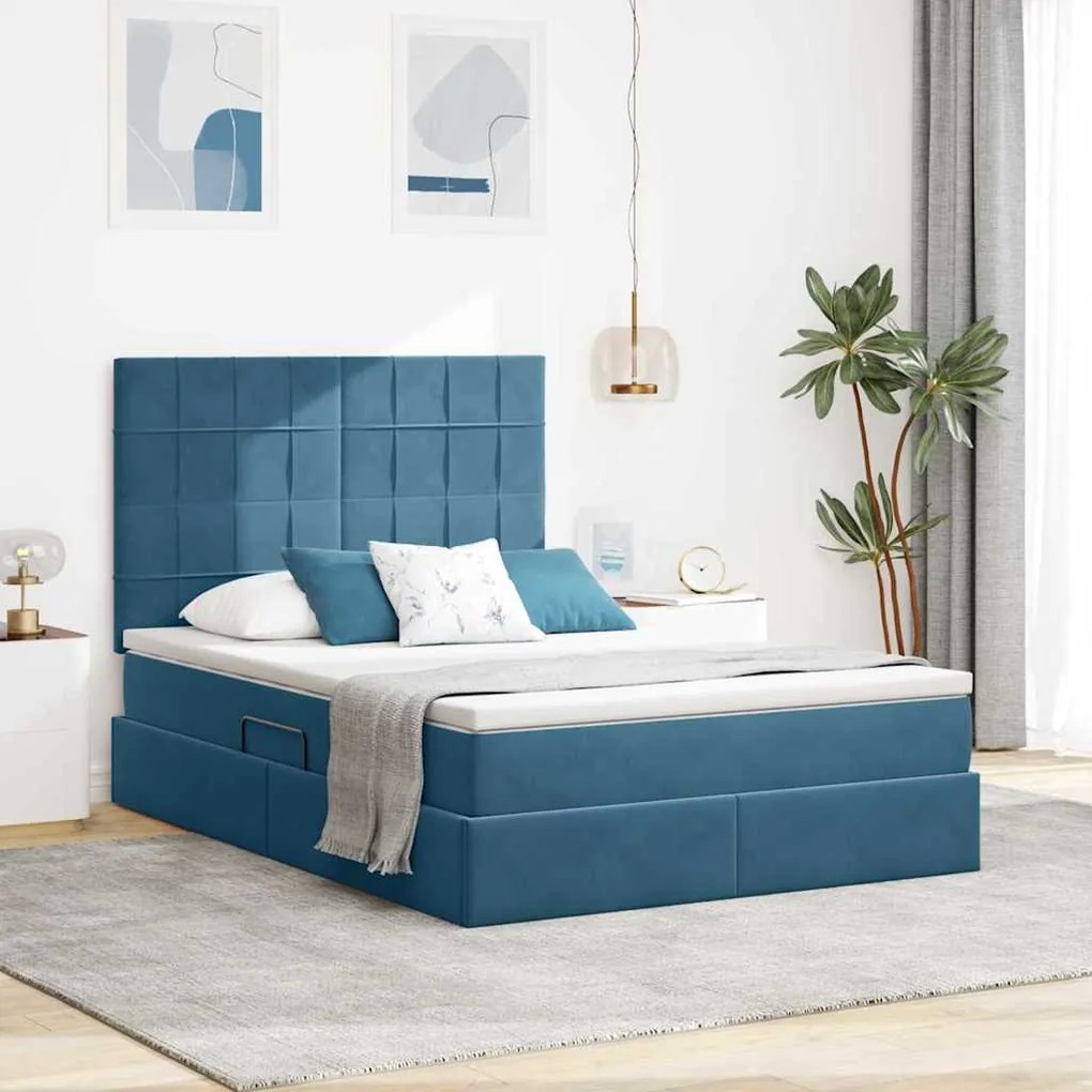 vidaXL Cama com arrumação e colchão Azul Escuro 140 x 200 cm Veludo