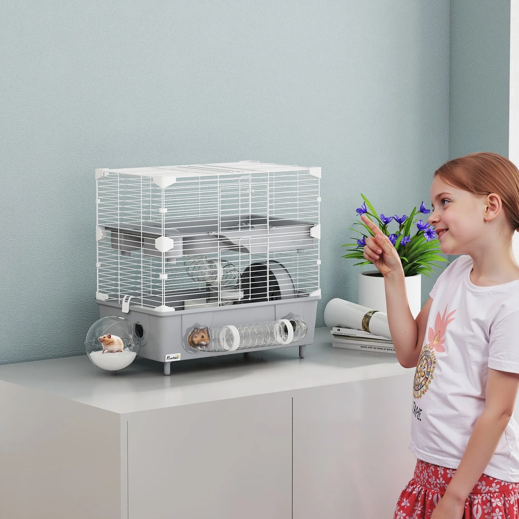 Gaiola para hamster de 2 andares com roda de corrida e banheira de areia para hamster anão 44,5 x 28 x 44 cm cinzenta