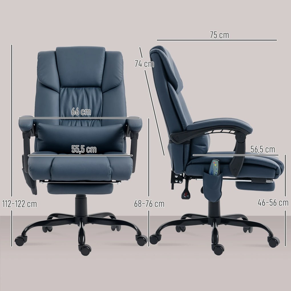 Cadeira de escritório com função de massagem, apoio para os pés, altura ajustável, encosto reclinável, comando com fio, 66 x 75 x 122 cm, azul