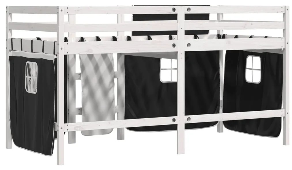 Cama alta criança c/ cortina 90x190cm pinho maciço branco/preto