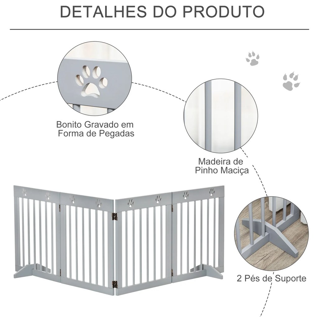 Barreira de Segurança Dobrável para Cães de 4 Painéis com Pés para Portas Escadas Corredor 204x30x61 cm Cinza