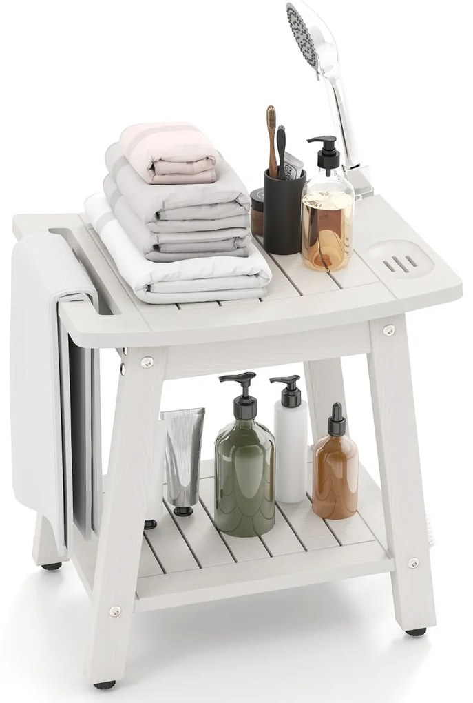 Costway Taburete de Ducha de HIPS con Asa Impermeable con Estante Inferior para Baño 41 x 31,5 x 43,5 cm Blanco