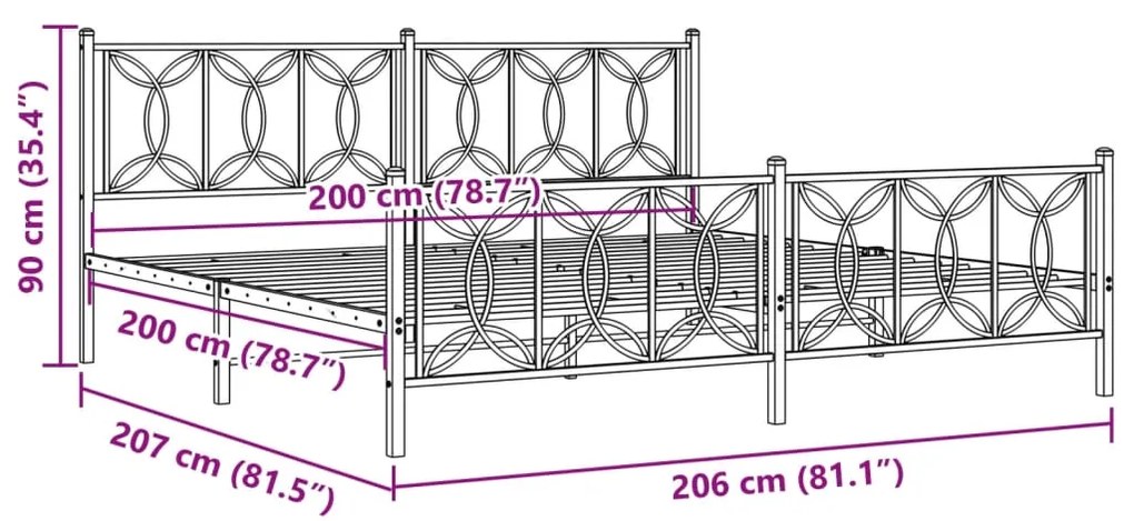 Estrutura de cama com cabeceira e pés 200x200 cm metal branco