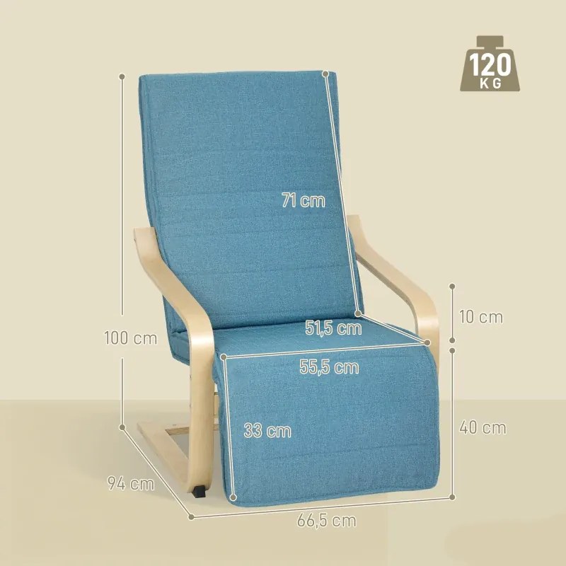 Poltrona Relax com Apoio para os Pés Ajustáveis Poltrona Estofada em Tecido com Estrutura de Madeira 66,5x94x100 cm Azul