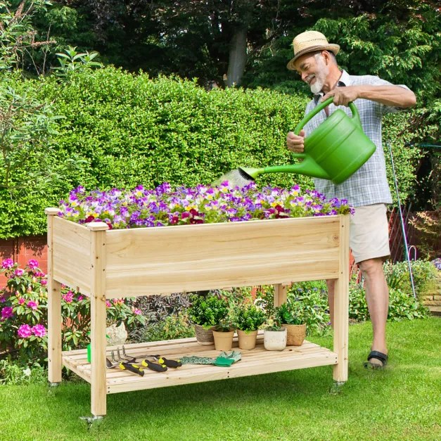 Floreira de madeira para jardim elevado com rodas bloqueáveis Estante e forro protetor Caixa de cultivo para legumes, flores e ervas aromáticas Natura