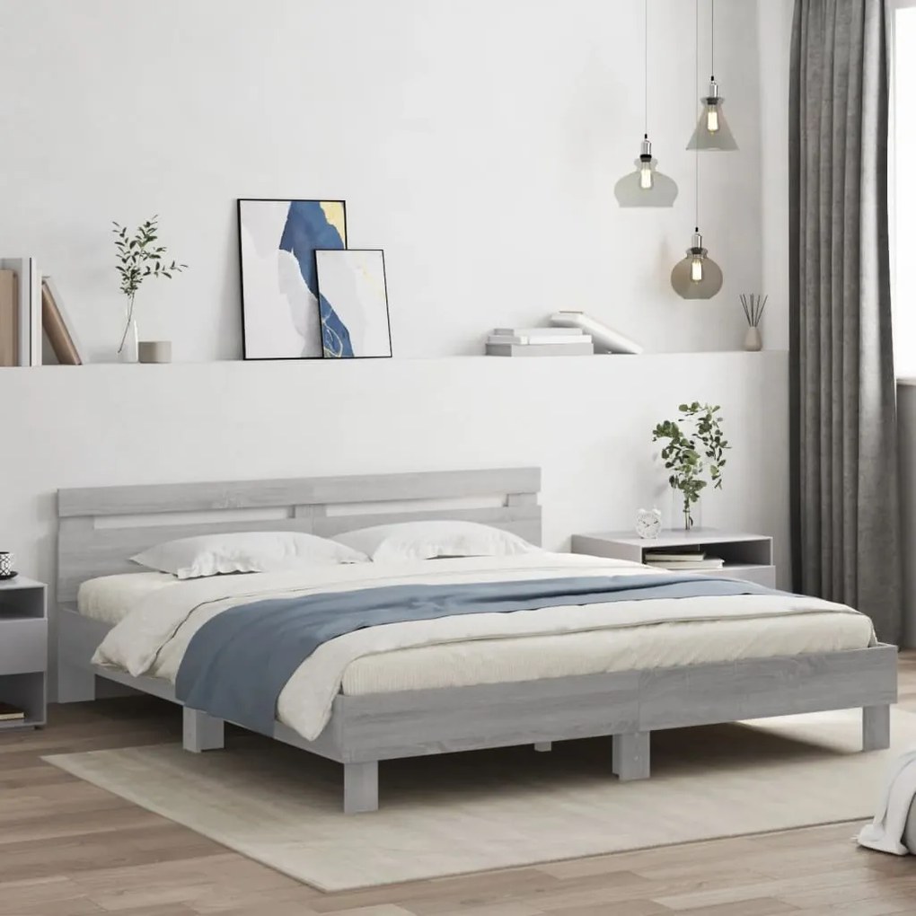 Estrutura cama c/ cabeceira/luzes LED 180x200cm cinzento sonoma
