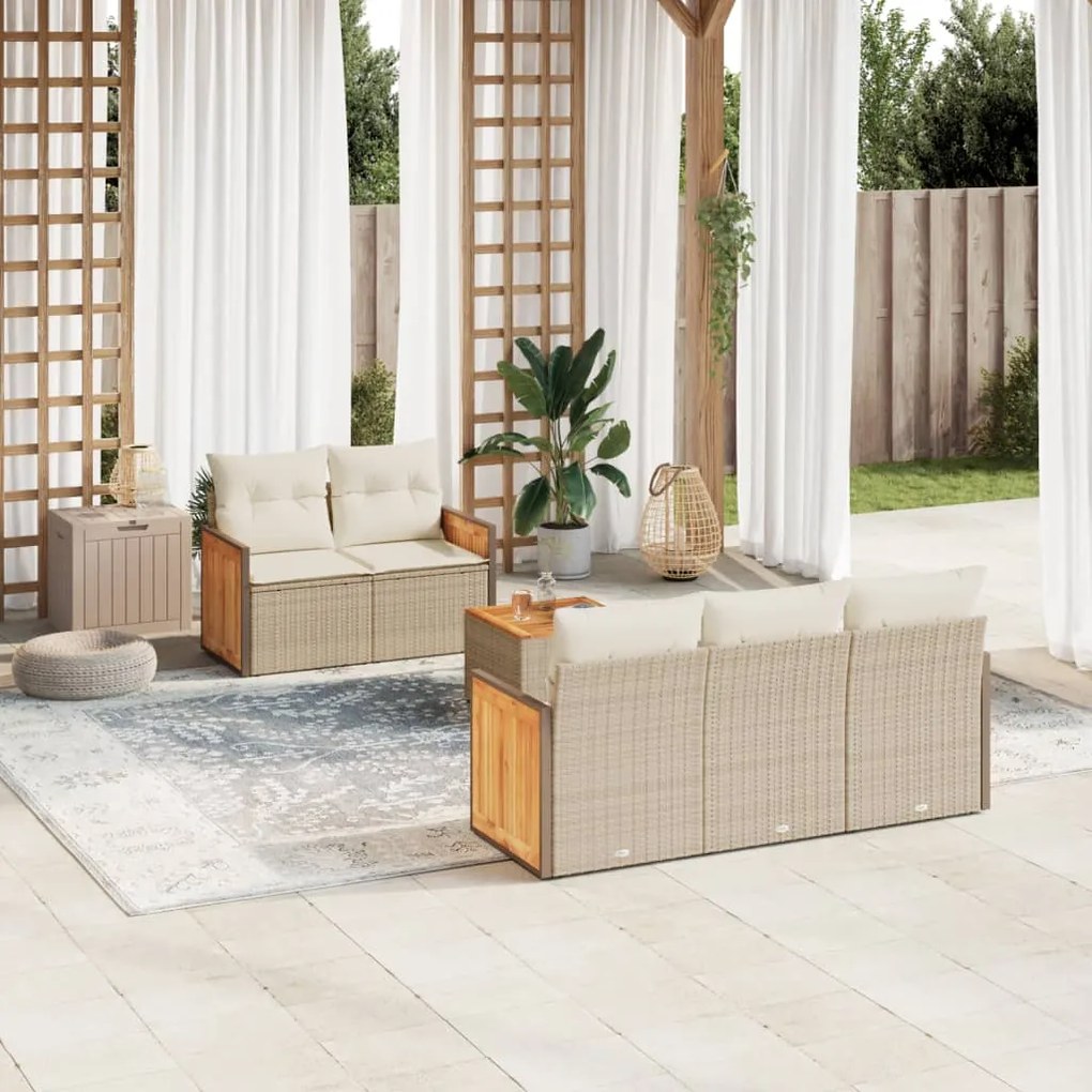 6 pcs conjunto de sofás p/ jardim com almofadões vime PE bege