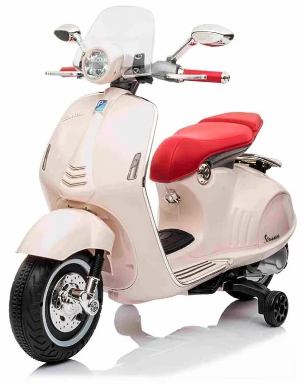 Vespa 946 para crinaças com marcha-atrás, licença, rodas auxiliares, bateria de lítio, 2 motores de 30 W, assento em couro, leitor de MP3 com entrada