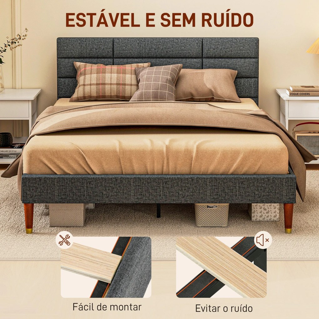 Cama 140x200 cm Estrutura de Cama com Cabeceira Estofada em Linho e Es