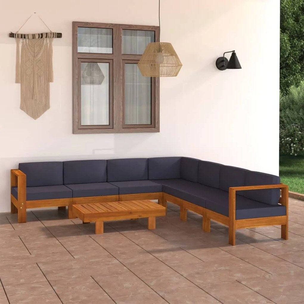vidaXL 8 pcs conj. lounge de jardim c/ almofadões cinza-escuro acácia