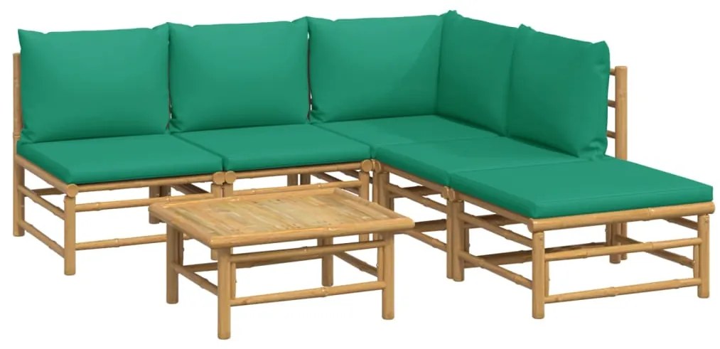 6 pcs conjunto lounge de jardim bambu c/ almofadões verdes