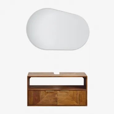 Conjunto De Móvel De Casa De Banho Suspenso Em Madeira De Manga Baty Madeira De Cabo Escuro & Sem Lavatório & Oval Led E Anti-embaciamento - Sklum