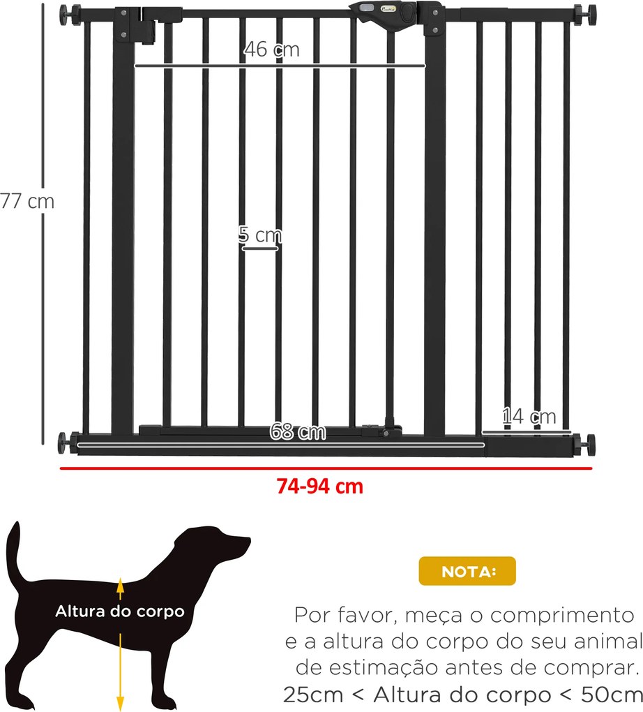 Barreira de Segurança de Cães para Escadas e Portas 74-94 cm com 1 Extensão Fechamento Automático e Sistema de Duplo Bloqueio Aço Preto