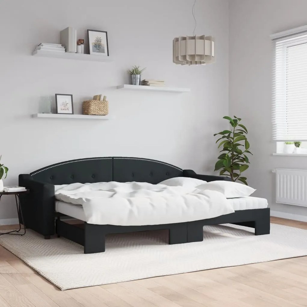 Sofá-cama com gavetão e colchões 80x200 cm tecido preto