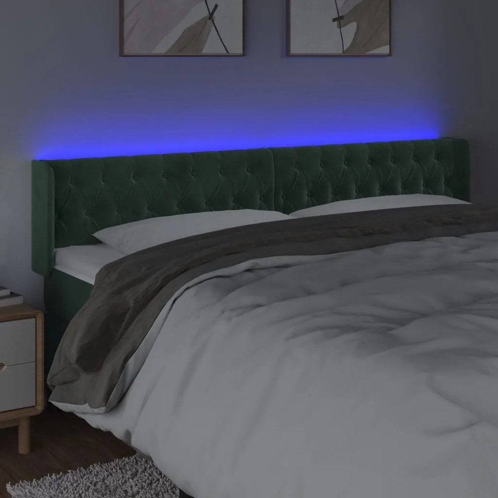 Cabeceira cama c/ luzes LED veludo 183x16x78/88 cm verde-escuro