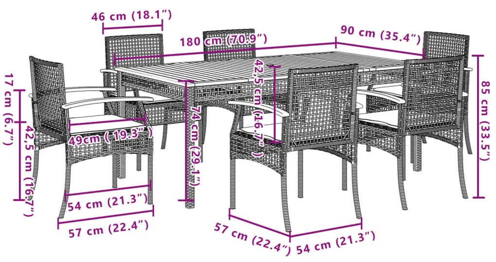 7 pcs conjunto de jantar p/ jardim c/ almofadões vime PE cinza