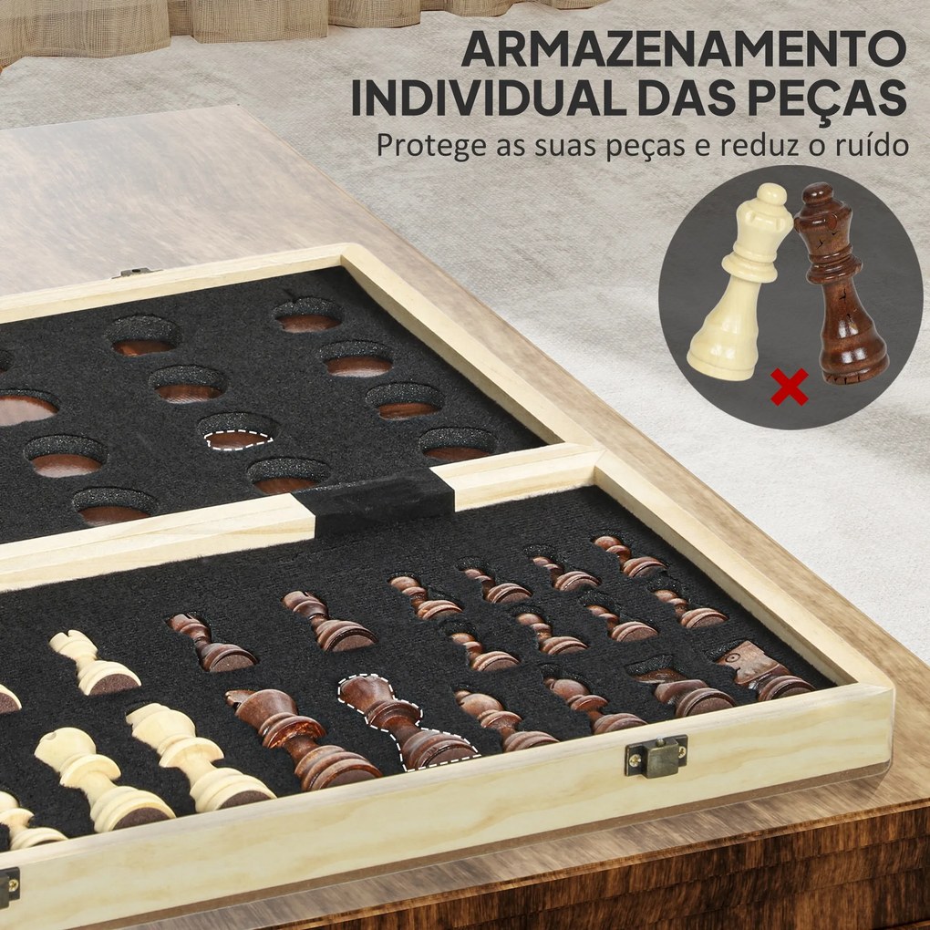 Jogo de Xadrez e Damas em Madeira com Tabuleiro Dobrável Peças de Pinho e Compartimentos de Armazenamento 38,5x38,5x2,8 cm Madeira e Branco