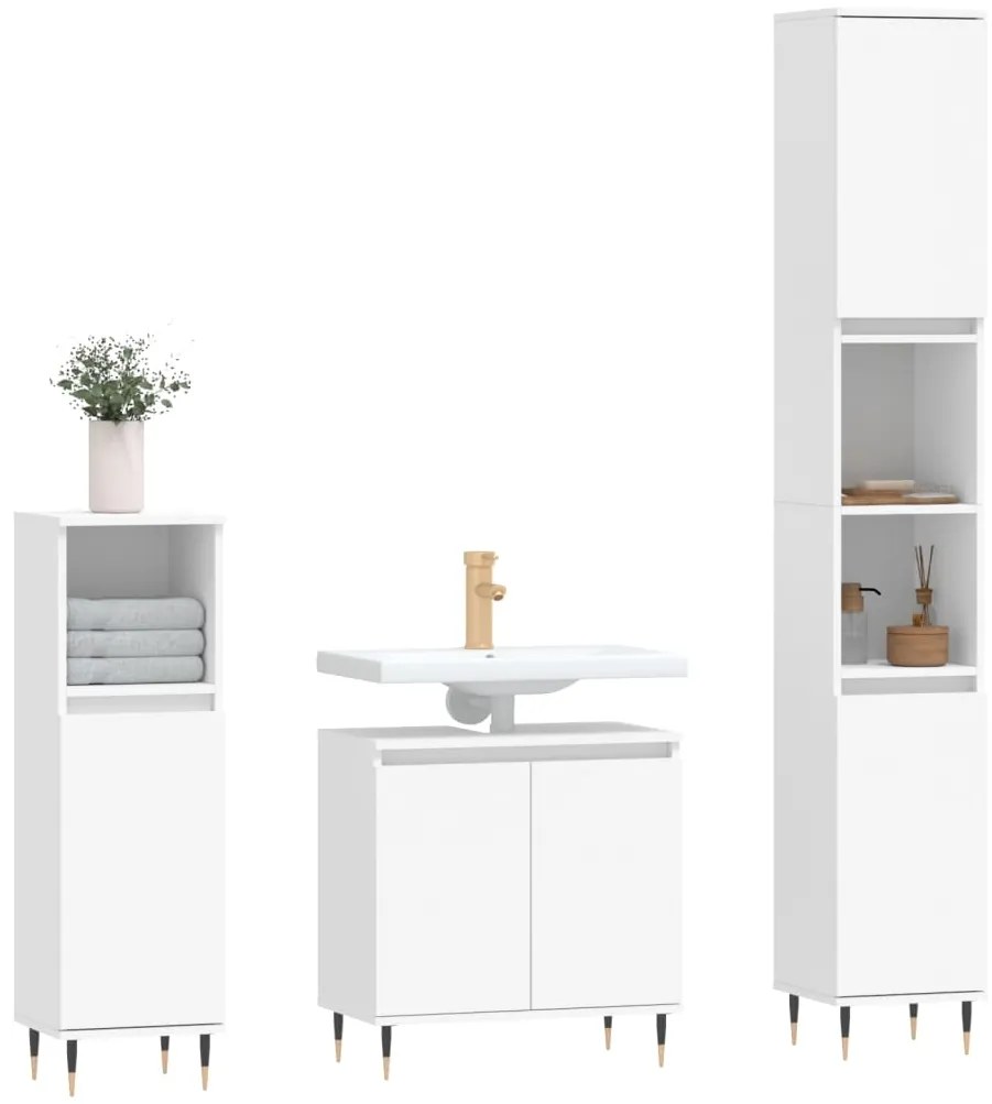 3 pcs conjunto móveis casa de banho madeira processada branco