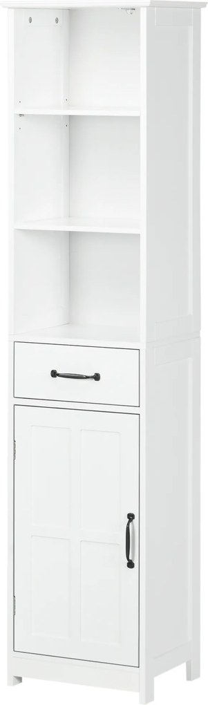 Armário de casa de banho tipo coluna 40 x 30 x 164 cm com 3 compartimentos abertos, gaveta e prateleira ajustável, branco