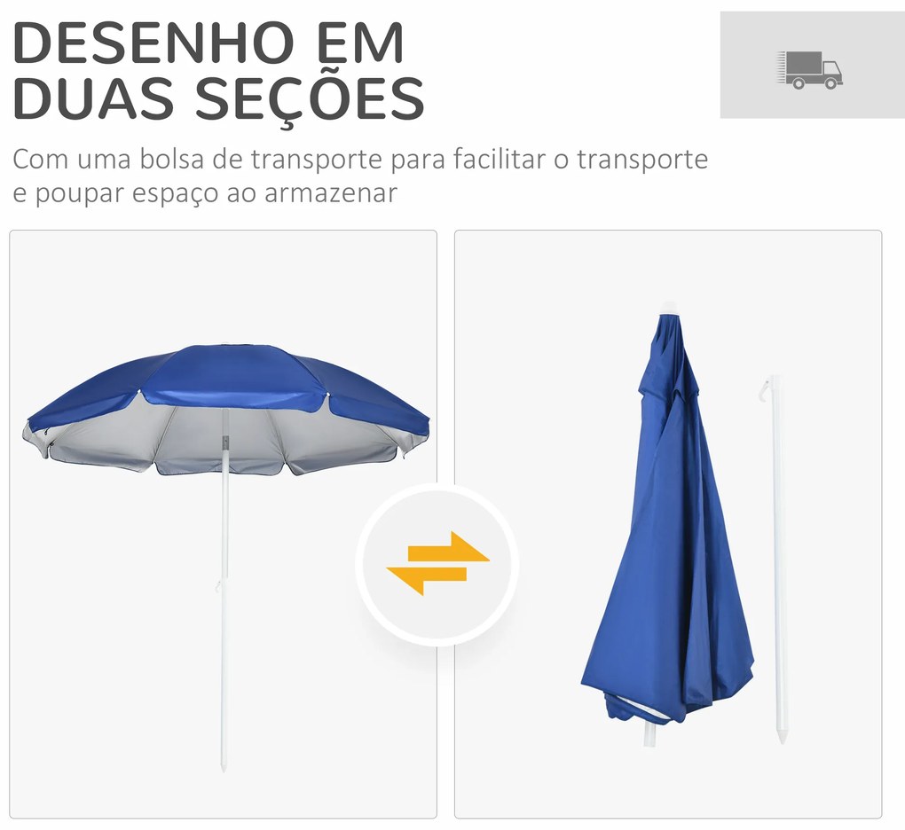 Chapéu de Sol de Praia com Painel Lateral Manivela Manual Teto Inclinável 2 Bolsos e 2 Janelas Ø191x211 cm Azul