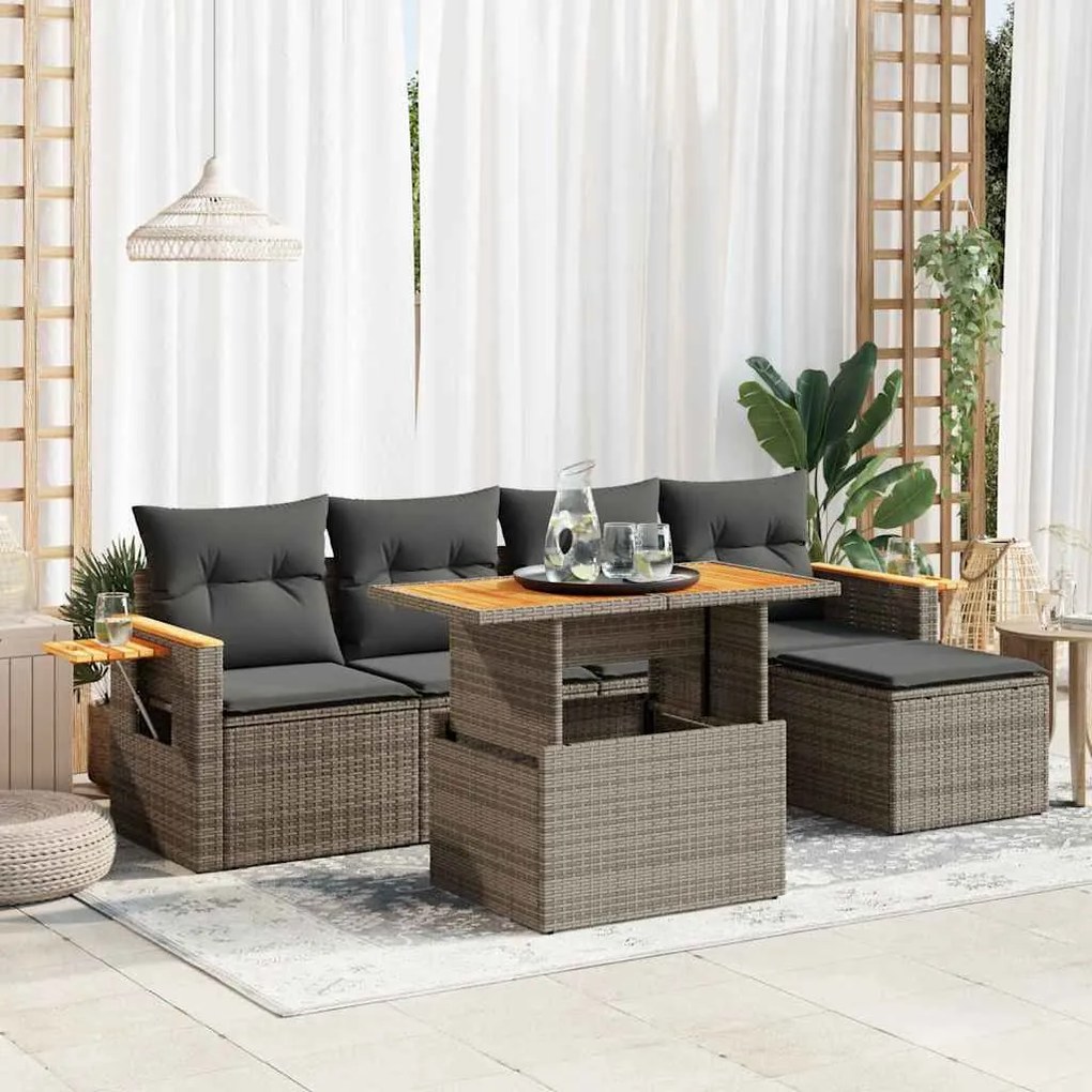 6 pcs conjunto sofás jardim com almofadões PE/acácia cinzento