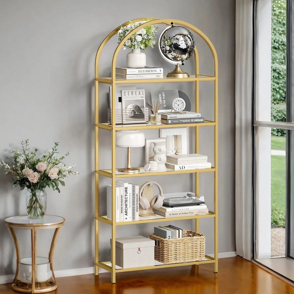 Estante com 5 prateleiras em vidro temperado 30,2 x 83 x 183,5 cm dourado transparente