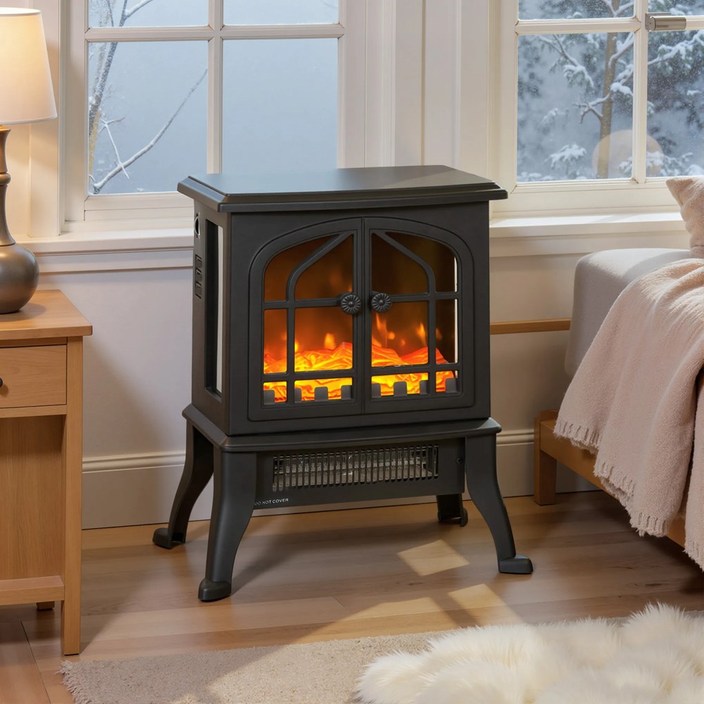 Lareira Elétrica 900/1800W 39x24x48 cm com Efeito Chama 3D 2 Níveis de Potência Termóstato Ajustável  para 15-30 ㎡  Preto