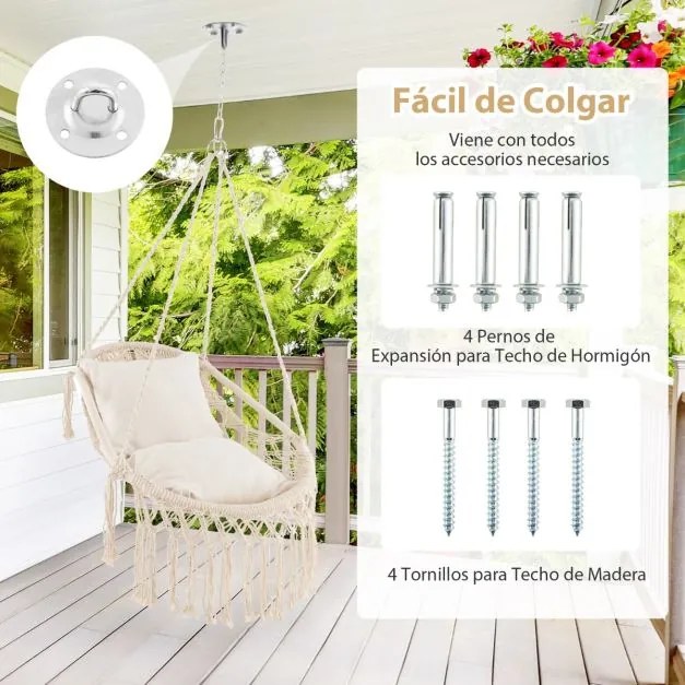 Cadeira suspensa jardim 101 x 69 cm com franjas 2 almofadas macias para o assento Corda e corrente Capacidade de carga 150 kg Bege
