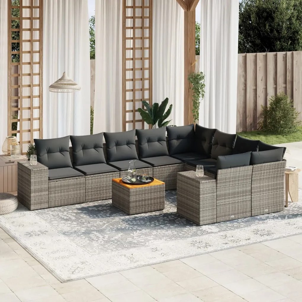 vidaXL 10 pcs conjunto sofás de jardim c/ almofadões vime PE cinzento