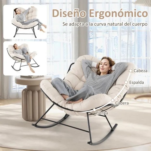 Cadeira de balanço para interior e exterior com almofada acolchoada, carga máxima de 205 kg bege