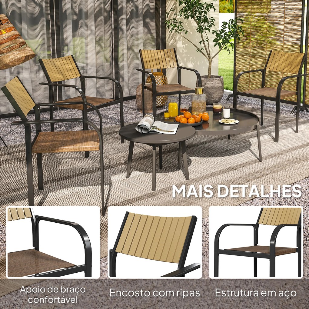 Conjunto de 4 Cadeiras de Jardim Empilháveis Cadeiras de Jantar com Tecido Transpirável Apoios de Braço 58x65x85 cm Castanho