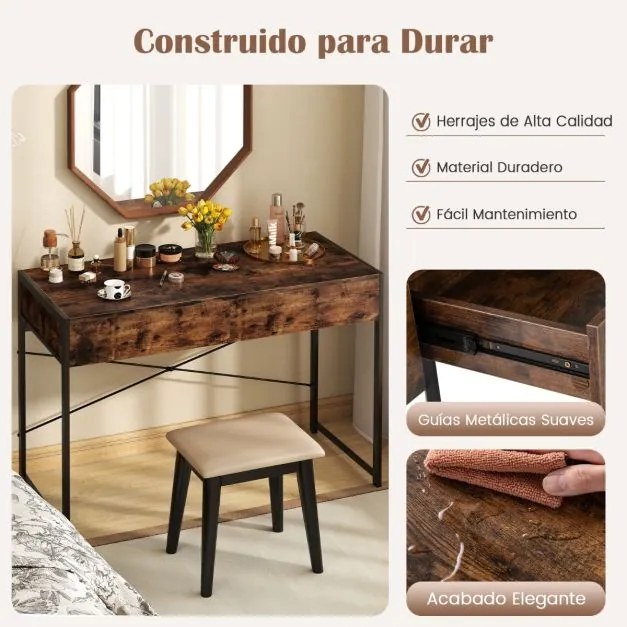 Secretária de escritório 111 x 48 x 76 cm com 2 gavetas, travessas reforçadas e suportes em X castanha