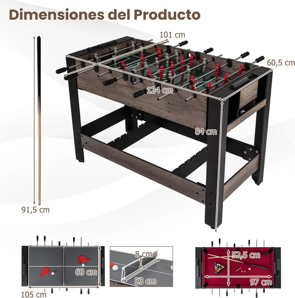 Mesa jogos giratória 3 em 1 com matraquilhos, bilhar e pingue-pongue preta e castanha