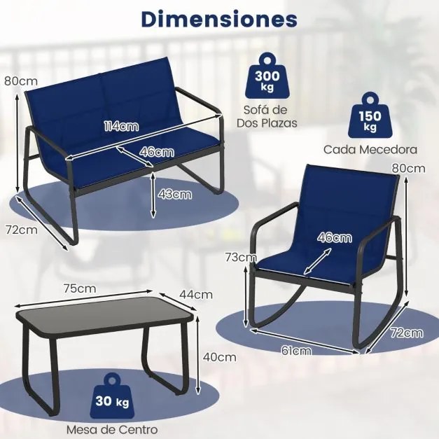 Móveis de jardim exterior 4 peças 2 cadeiras de baloiço e sofá de 2 lugares com mesa com tampo de vidro azul marinho