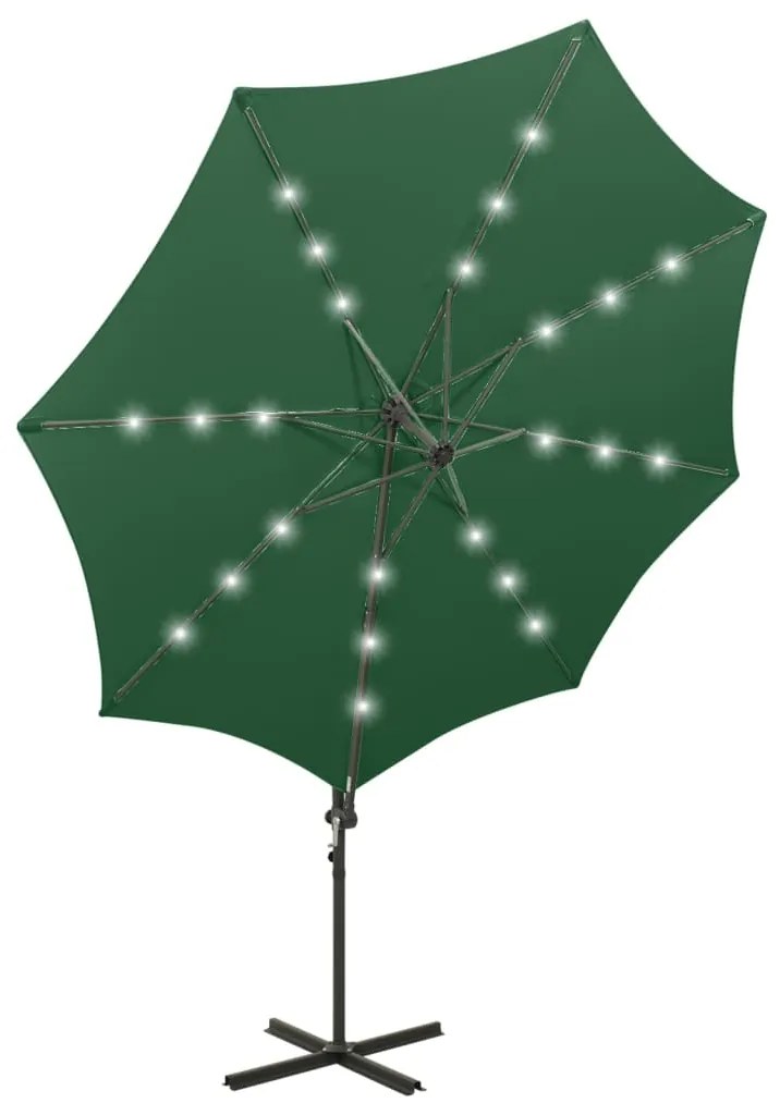 Guarda-sol jardim cantilever c/ poste e luzes LED 300 cm verde