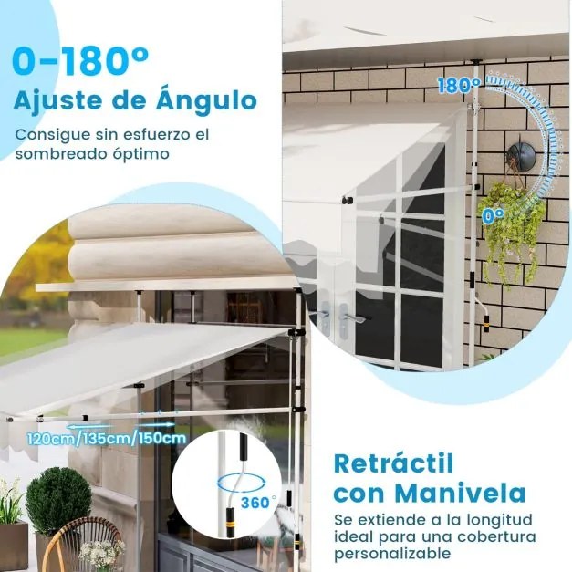 Toldo retrátil manual 2 m x 3 m Toldo exterior com altura ajustável Manivela e sem perfuração para janela Porta Terraço Branco
