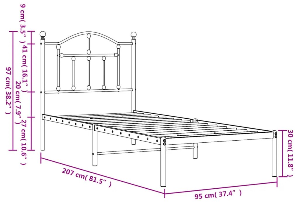 Estrutura de cama com cabeceira 90x200 cm metal preto