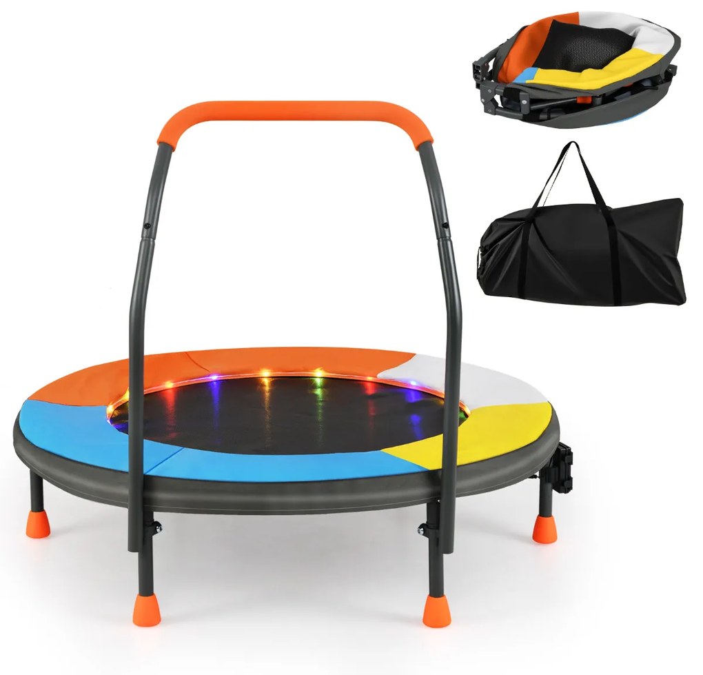 Mini trampolim de 90 cm para crianças com luzes dobrável para interior e exterior com barra de espuma e cobertura de segurança Multicolorido