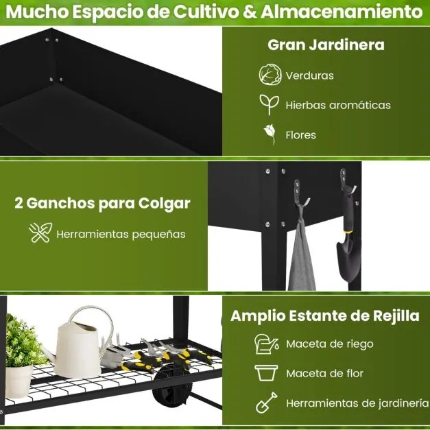 Floreira de jardim elevada 95 x 40 x 80 cm com pernas e prateleira inferior com rodas e pernas de metal preto