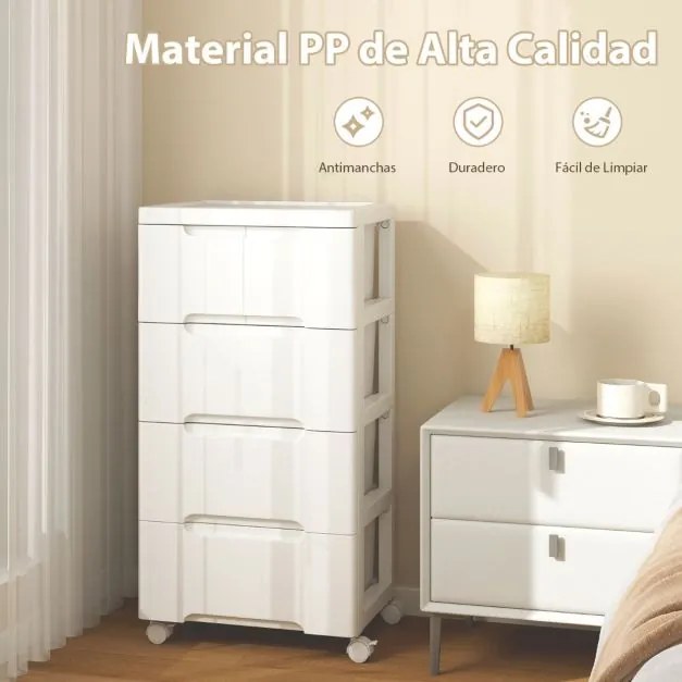 Armário de armazenamento 40 x 32 x 79 cm com 4 gavetas Rodas universais e traváveis Recipiente de armazenamento de plástico branco